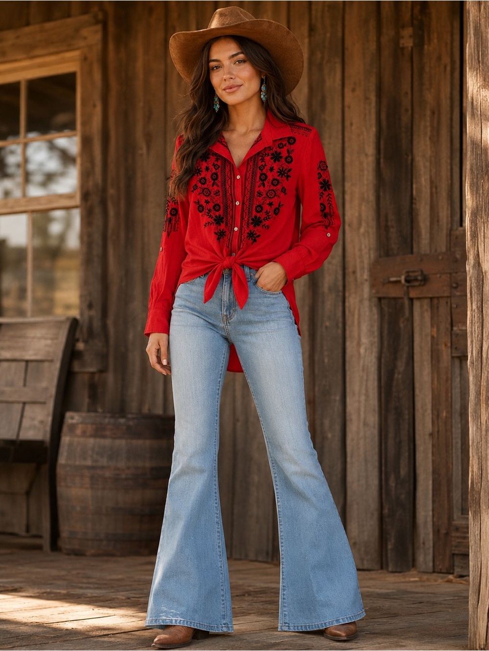 John Mark Red Button-Down Shirt with Black Floral Embroidery